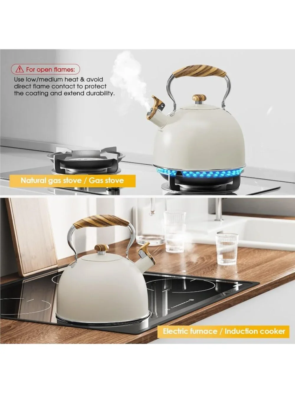 Cream Kitchen Whistling Tea Kettle 2.6 Quart Stainless Steel Stovetop Induction